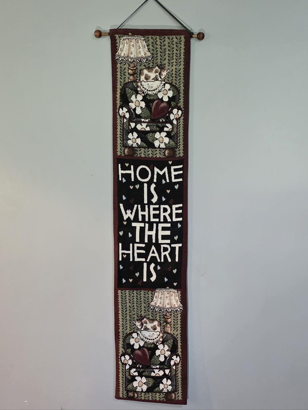 Heart & Cat Vertical Wall Tapestry - Green/Black
